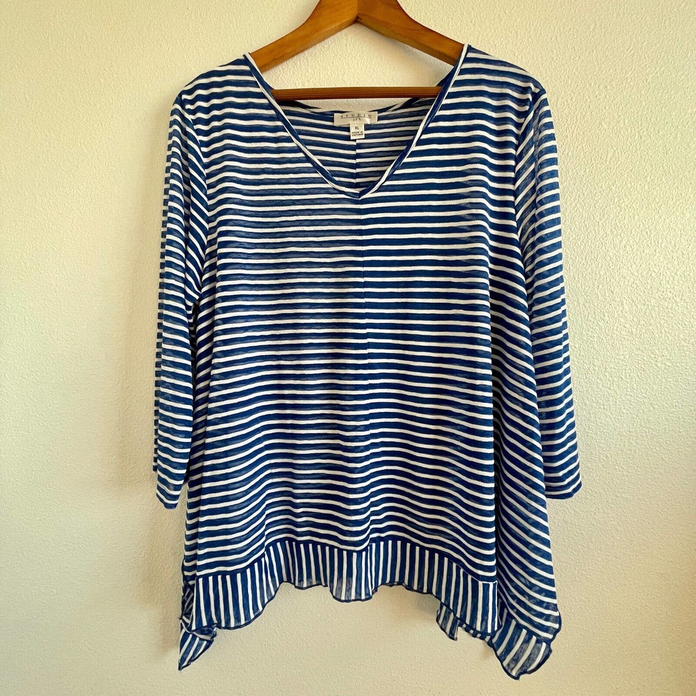 Studio JPR Blue & White Striped Shirt/Top Layered VNeck 3/4 Sleeve Womens XL